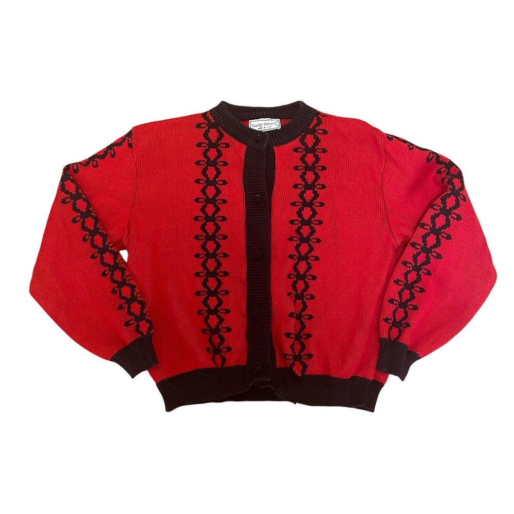 Vintage‎ Touchy Subject Cardigan Sweater MP Red Black Cotton Knit Cottagecore